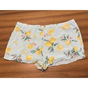Light Blue Lemon & Flowers Lounge Shorts Elastic Waist XL Cottagecore Comfycore